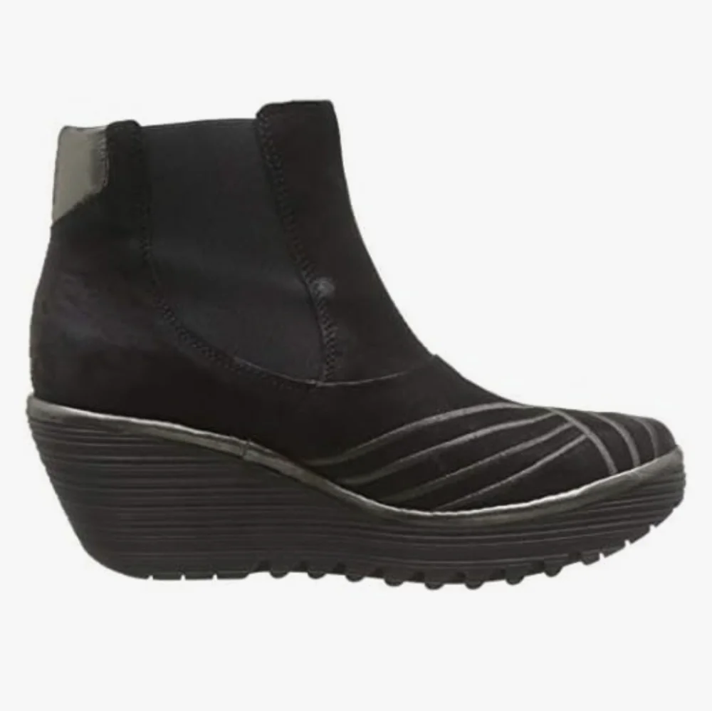 Fly London Yave Black Suede Leather Wedge Chelsea Ankle Boots